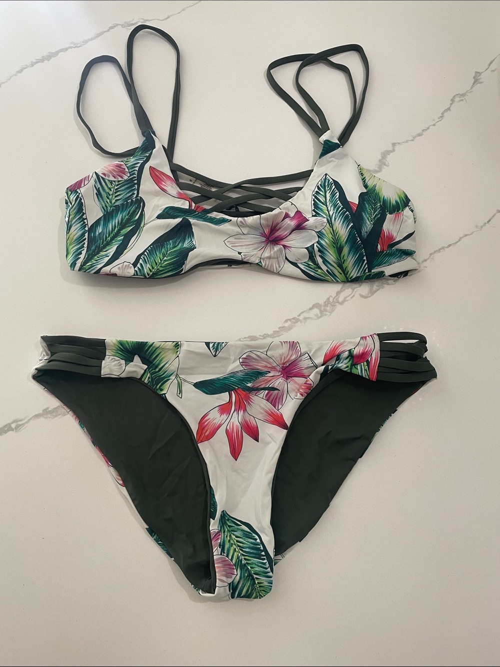 TiniBikini Tropical Floral Strappy Bikini - White, Green & Pink